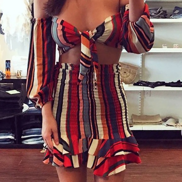 Olivaceous Dresses & Skirts - OLIVACEOUS Muti-Colored Striped Top & Skirt Set